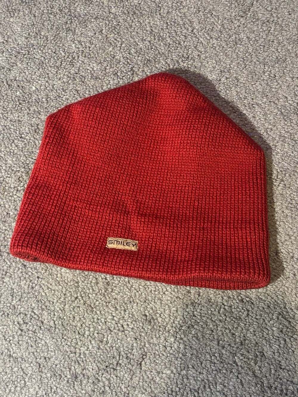 Smiley Red Pure Wool Beanie with Fleece Headband Lining